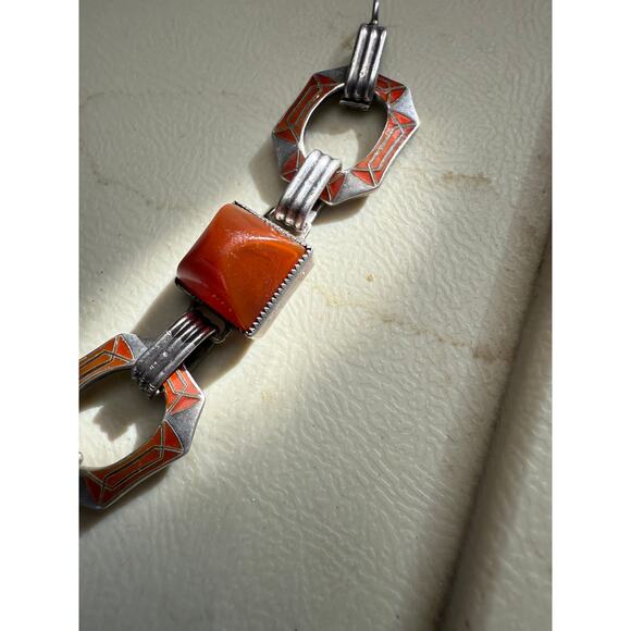 Vintage Art Deco Sterling Red Enamel Bracelet Carnelian Sard Pyramid Cabochon - Picture 7 of 11